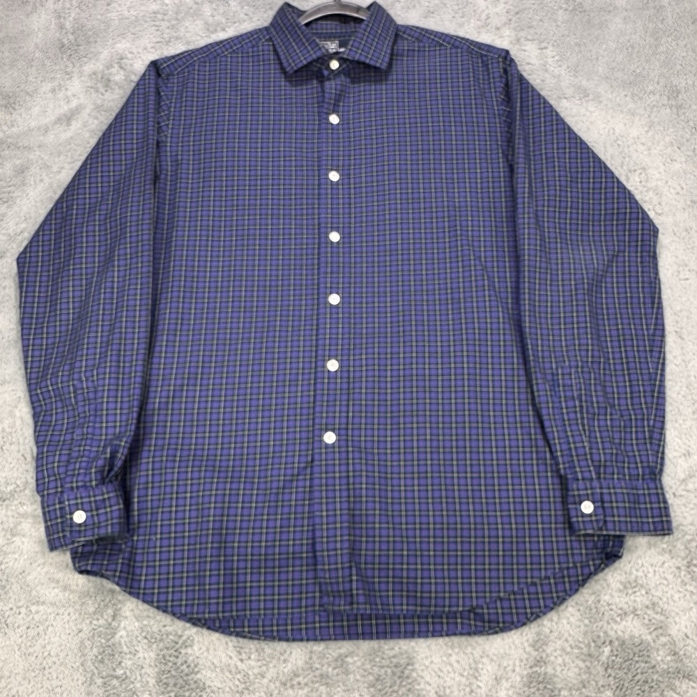 VTG Polo Ralph Lauren Shirt Men L Plaid Blue Westerton 2 Ply Cotton Button Front